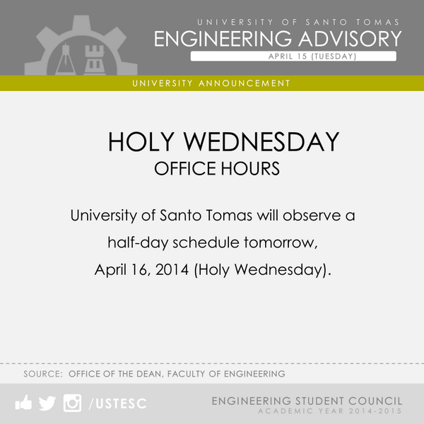 USTESC's tweet photo. Holy Wednesday: Half-day schedule. http://t.co/zbxKEYyH8j
