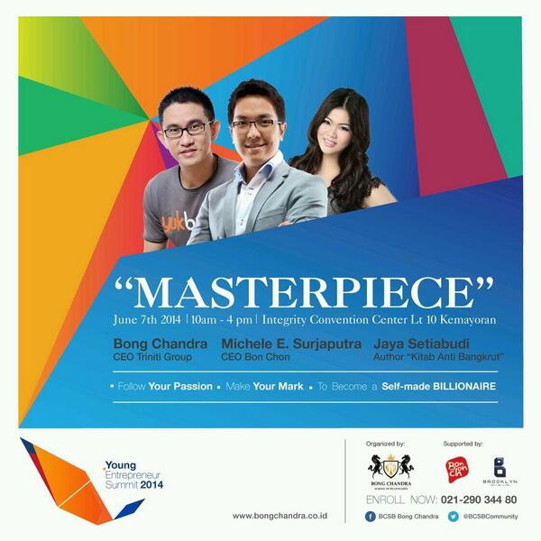 agendawanita's tweet photo. Hadiri Young Entrepreneur Summit 2014 "Masterpiece" | Jakarta, 7 Juni 2014 | Info : @YESmasterpiece #YES2014 http://t.co/RtJAjmyXv7