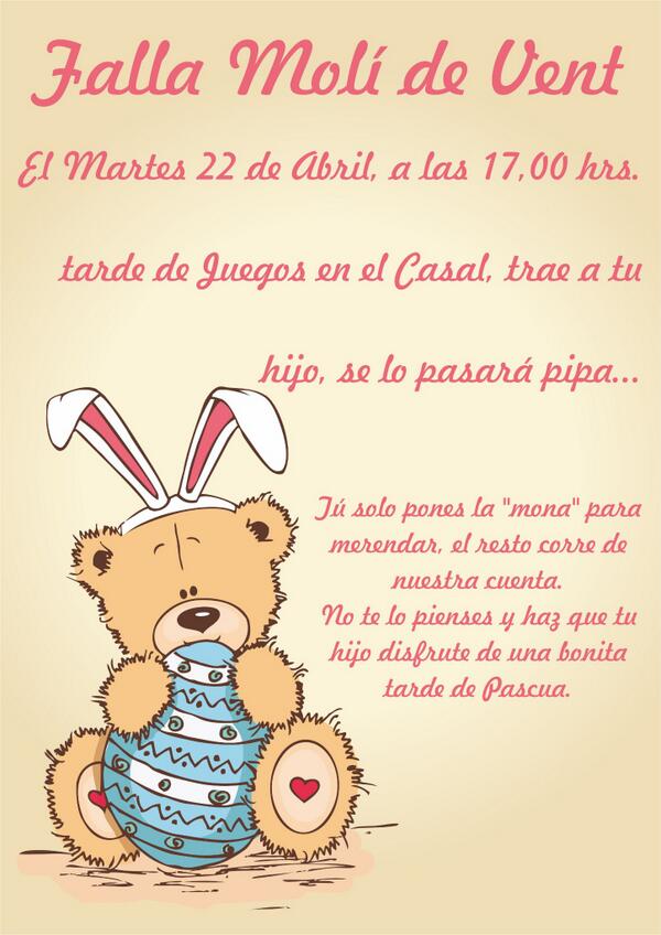 Xiquets i xiquetes la Falla Molí de Vent està preparant una vesprada divertida per a aquestes pasques el dia 22