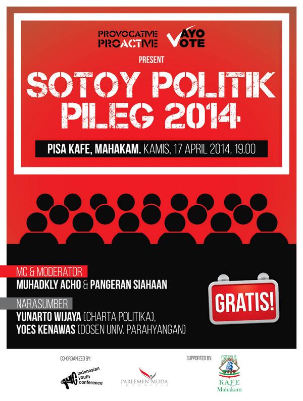 Jangan sampe ga dtg ke #SotoyPolitik nanti malam yaa! by: <a href="/AyoVote/">Ayo Vote</a> <a href="/IndonesianYouth/">IndonesianYouth</a> <a href="/ProvocActive/">ProvocativeProactive</a> @parlemen_muda