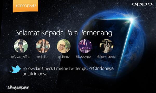 W88online's tweet image. selamat :) @cipiilut @Kiknov @harvinavera @bobbypoi @Aryaa_Affnd pemenang #OPPOFind7 #2Kscreen Cc: @OPPOIndonesia