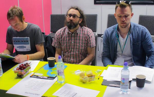 ICMP_uk's tweet photo. Our judges today are Alex from  @ErnieBallUK + the head of the Higher Diploma Mike Dynes + tutor Ben Jones #bass http://t.co/RD8wIuWBnN