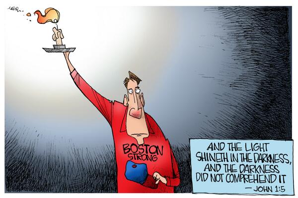 bostonherald's tweet photo. Holbert editorial cartoon in @bostonherald April 15, 2014 #26toBoston #BostonStrong http://t.co/4ESqvV3Qn3
