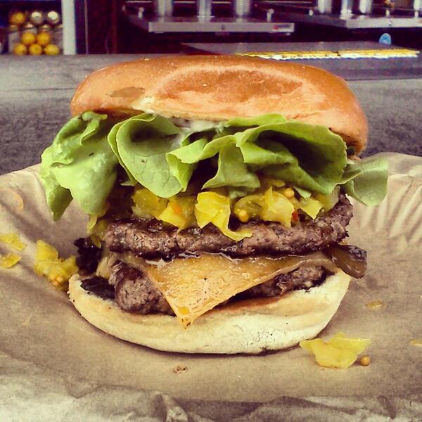 bigjuiceb's tweet photo. @RooftopBB Burger! Double patty, cheddar, braised greens, chow chow, gribiche, local lettuce.  #georgiatheatre http://t.co/vCSNpU3P1U