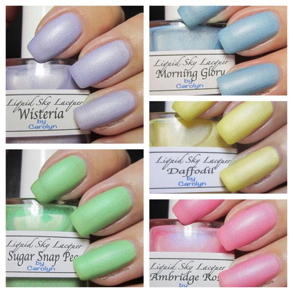 ColorSplashNail's tweet image. I am in love with the @LiquidSkyLacq Spring Garden Collection! All five polishes dry to a heavenly matte finish.💜