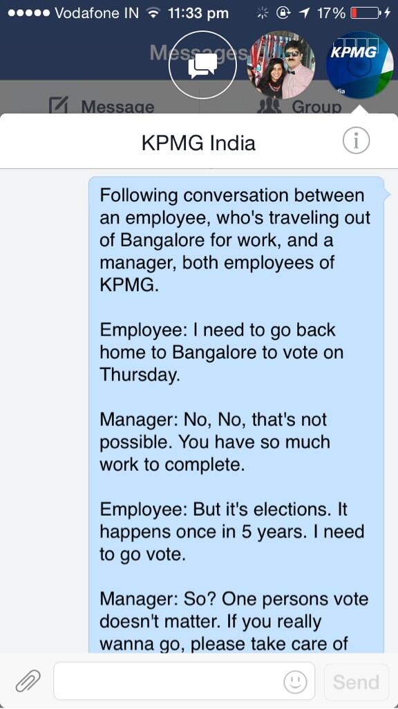 #Elections2014 <a href="/sardesairajdeep/">Rajdeep Sardesai</a> <a href="/timesnow/">TIMES NOW</a> <a href="/ndtv/">NDTV</a> <a href="/thevirdas/">Vir Das</a> <a href="/KPMG/">KPMG</a> <a href="/KPMGIndia/">KPMG India</a> 

Don't let Employees vote?? #kpmg