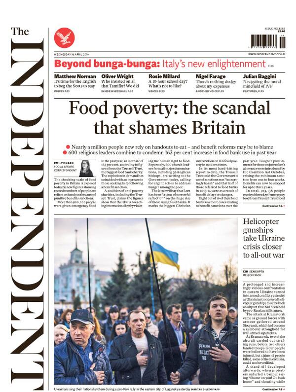 BBCNews's tweet photo. Wednesday's Independent: "Food poverty: the scandal that shames Britain" http://t.co/0DMuiekVhT #TomorrowsPapersToday #BBCpapers