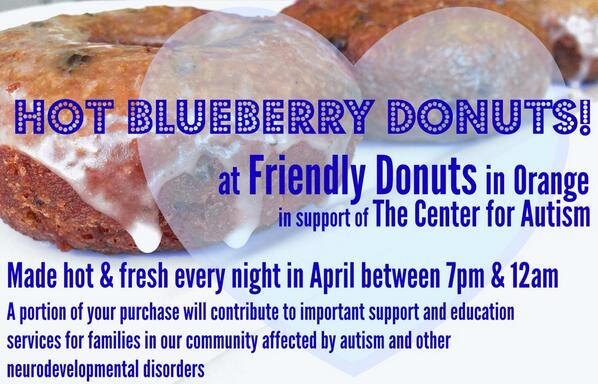 YelpOC's tweet photo. @FriendlyDonuts in #Orange has #blueberrydonuts from 7pm-12am benefiting the @Center4AutismOC! http://t.co/Cwu1EqI4IC http://t.co/DKuBmy509h
