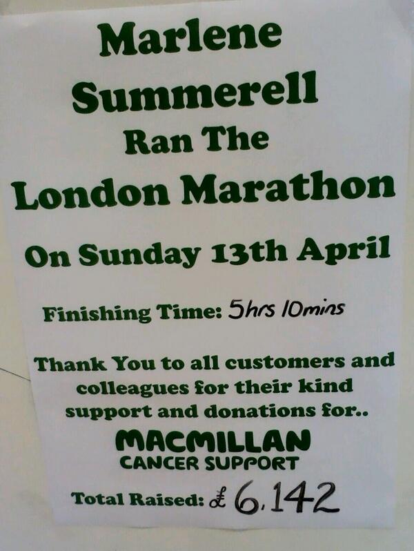 Well done to Marlene who completed the London Marathon and raised a massive £6142 for Macmilan <a href="/mikerw987/">Mike Wheatley</a> <a href="/colly75/">Paul Collingridge</a>