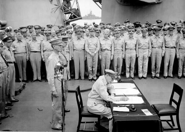 GeneralmcA's tweet photo. 1945, On the U.S.S. Missouri signing the Japanese surrender instrument #promise fulfilled #winning #imback http://t.co/5lVltdO6xP