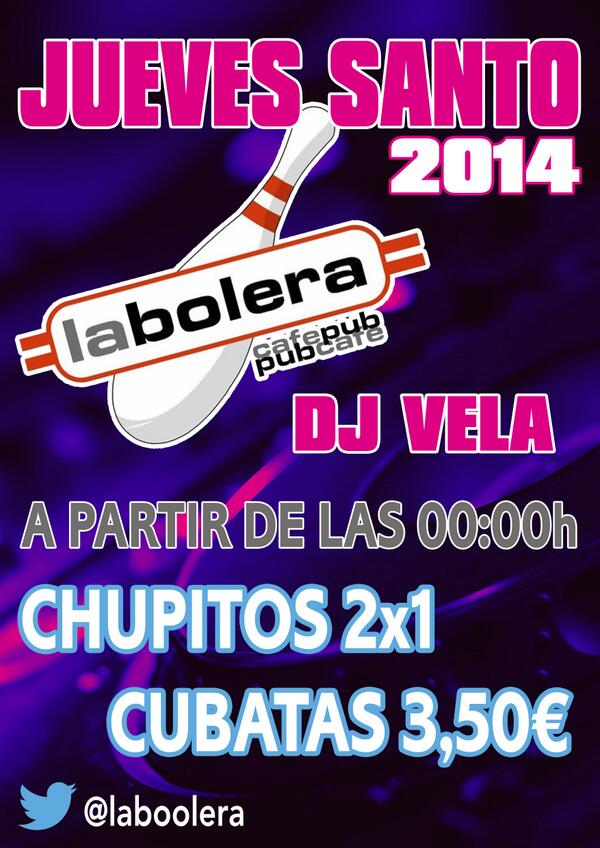 LaBoolera's tweet photo. Jueves santo en @laboolera chupitos 2x1, cubatas 3,50€ a partir de las 00:00 con @vela_mallen http://t.co/JvSv2mHJnj