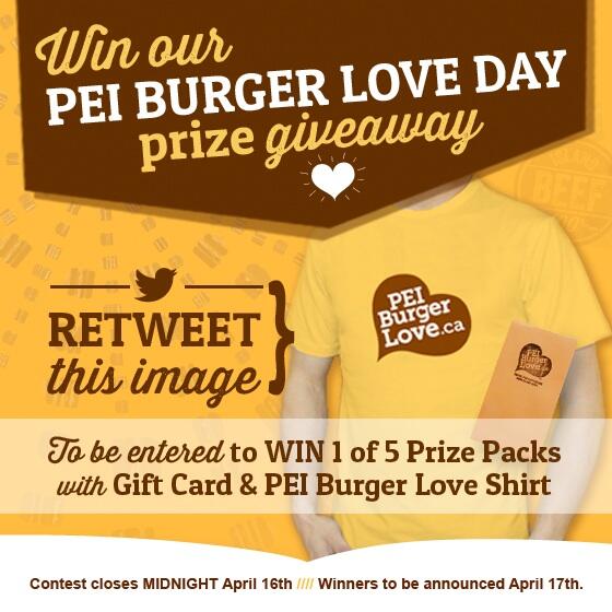 PEIBurgerLove's tweet photo. RT-to-Win 1 of 5 #PEIBurgerLove Day Packs which includes 1 gift card &amp; 1 shirt. Contest closes Midnight April 16th. http://t.co/Ku0WU3u9D1