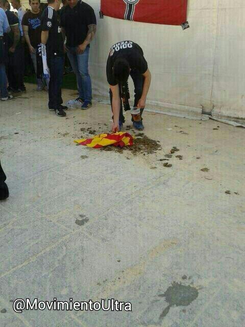 BlWntNrIEAAtgeL A Nazi swastika was hung outside a Real Madrid fans section at the Mestalla, fans burned a Catalan flag [Pictures]