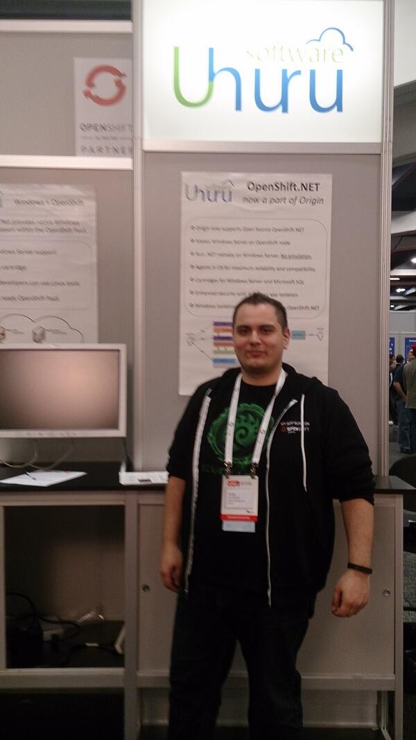 uhurusoftware's tweet image. Vlad&apos;s hanging out at the @UhuruSoftware booth after his #OpenShift .NET presentation at the #RHSummit.
