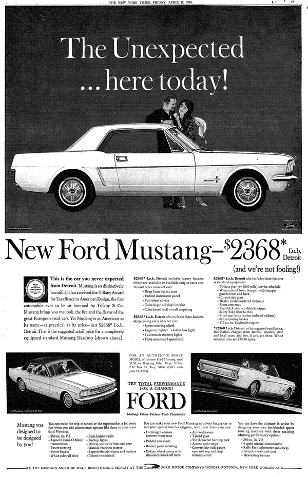 kansandhaus's tweet photo. 50 years ago @Ford introduced The Mustang with this @nytimes   ad. It cost $2,368.

http://t.co/uf5j7sCZRM http://t.co/RDD2JmTYyQ