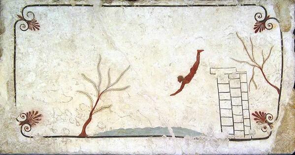PaestumApp's tweet photo. Diver, #painting from the slab of the Tomb of the Diver, Paestum National Archaeological #Museum, #Paestum, #Italy http://t.co/TIB3iy4cY4