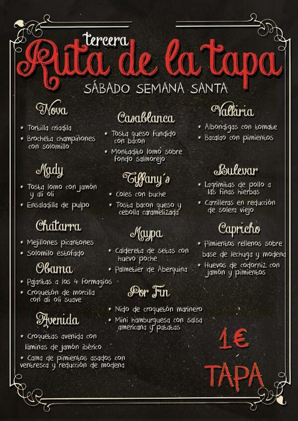 SanguinoIvan's tweet photo. RUTA DE LA TAPA ESTE SABADO. NO FALTEIS!!!!!!    ;P
---
---
Enviado por WhatsAppRUT http://t.co/WXj4bHCIHa