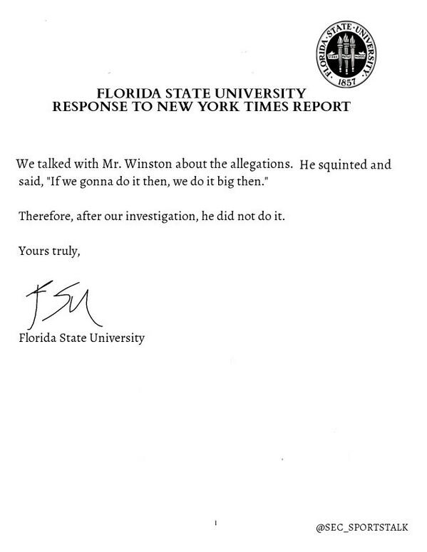 Florida State issued a lengthy response to Wednesday morning's New York Times Jameis Winston report. #FSU