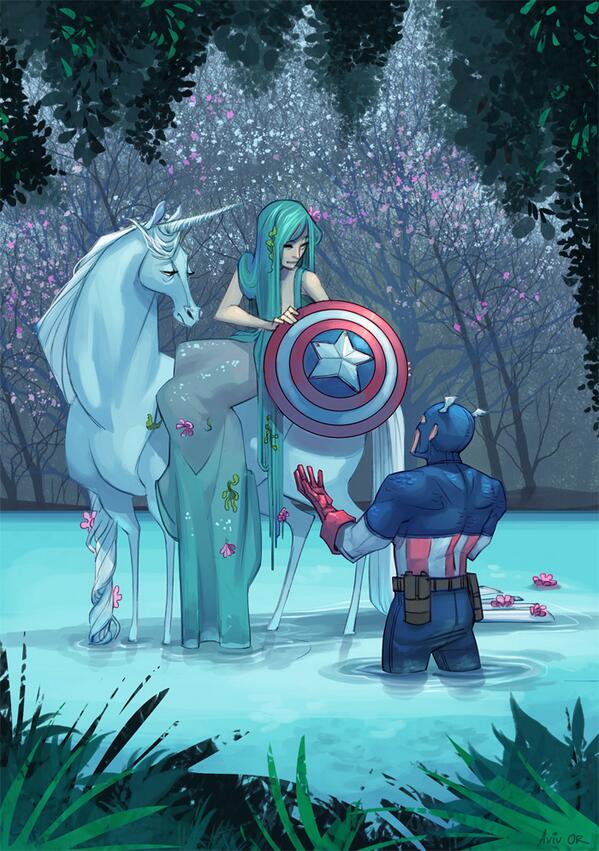 AvivOr's tweet image. Mix'n'matching to catch up with several @Sketch_Dailies on one go: #CaptainAmerica, #LadyOfTheLake and #Unicorn