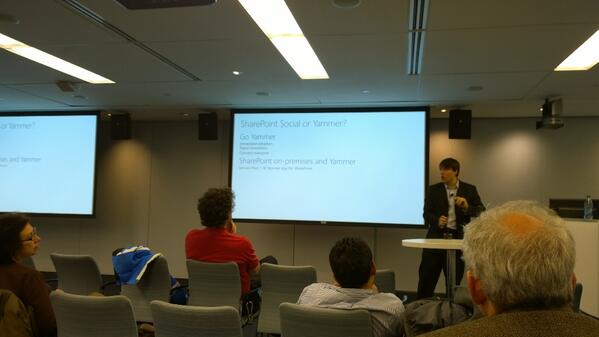 DanDiachenko's tweet photo. With @RHarbridge @gvaro @BASPUG learning about how awesome Yammer and SharePoint are!! http://t.co/6GdwAV56hY