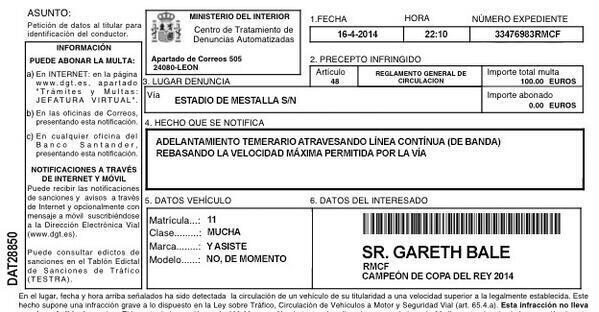 Gareth Bale was hit with a spoof speeding ticket after his golazo v Barcelona in the Copa Del ...