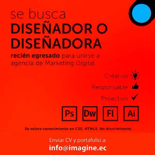 ImagineEc's tweet image. Estamos buscando a un diseñador o diseñadora JR, es tu oportunidad. Enviar CV y Portafolio a: info@imagine.ec