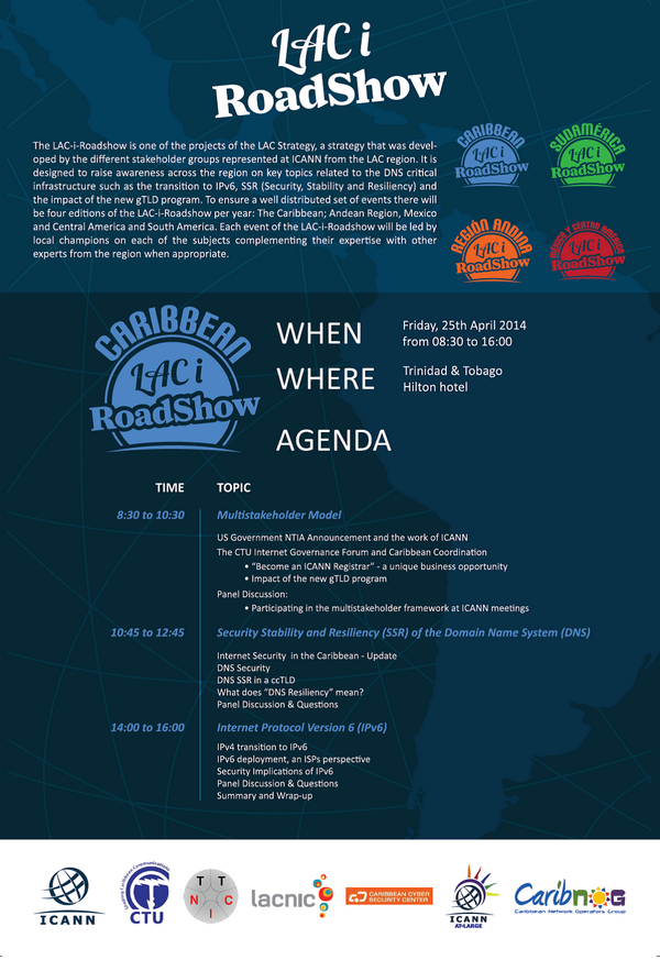 ICANN_es's tweet photo. LAC-i-Roadshow: Mañana estaremos en Trinidad y Tobago #ICANN #CTU #TTNIC #LACNIC #CaribNOG #CCSC #ATLARGE @danielsah http://t.co/9pl6YpxC5E