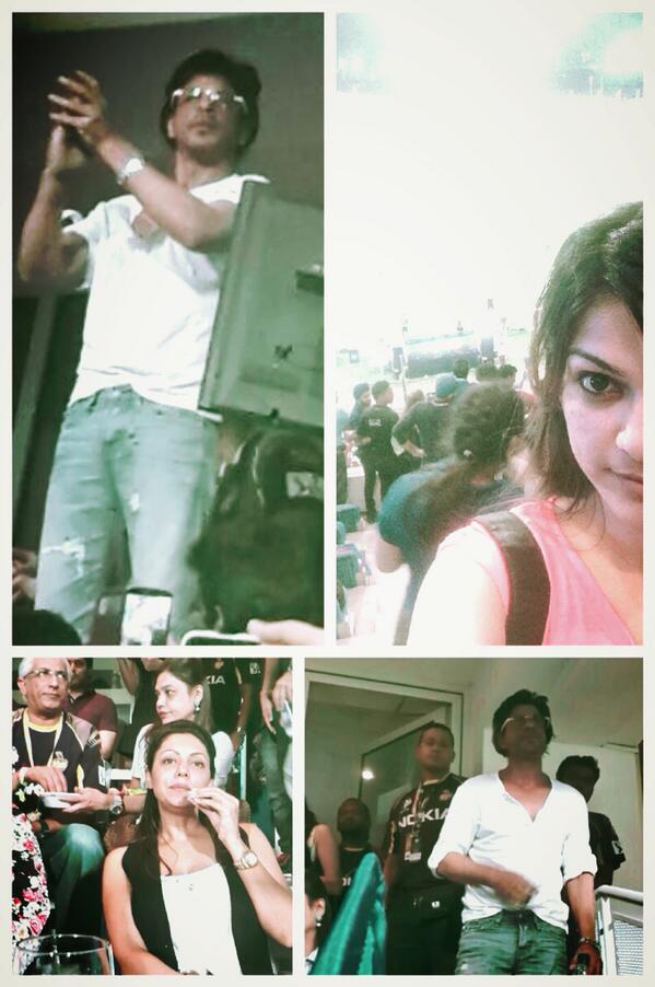 RJyachna's tweet photo. @iamsrk with wife Gauri at the first match of #IPL2014 #MirchiAtIPL @RadioMirchiUAE @KKRiders @mipaltan http://t.co/NZh9xiB23q