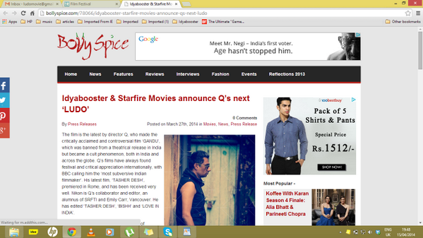 LudoMovie's tweet photo. @BollySpice wrote a piece on Idyabooster and Starfire Movies greenlighting @doctorgandu and @nikonn 's new thriller! http://t.co/iz4eYpPmsw