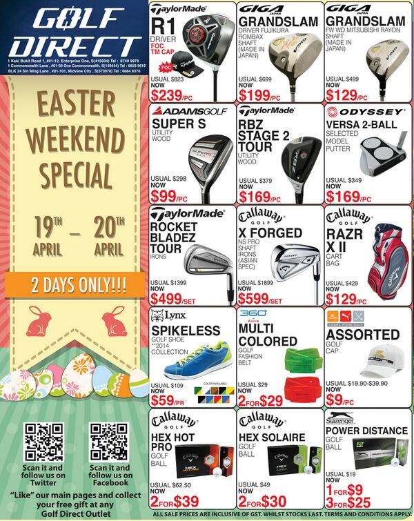 GolfDirectSg's tweet photo. April Easter Weekend Special, 19th(Saturday) - 20th(Sunday) , 2 days only!!!! http://t.co/PfnuzLKD3a
