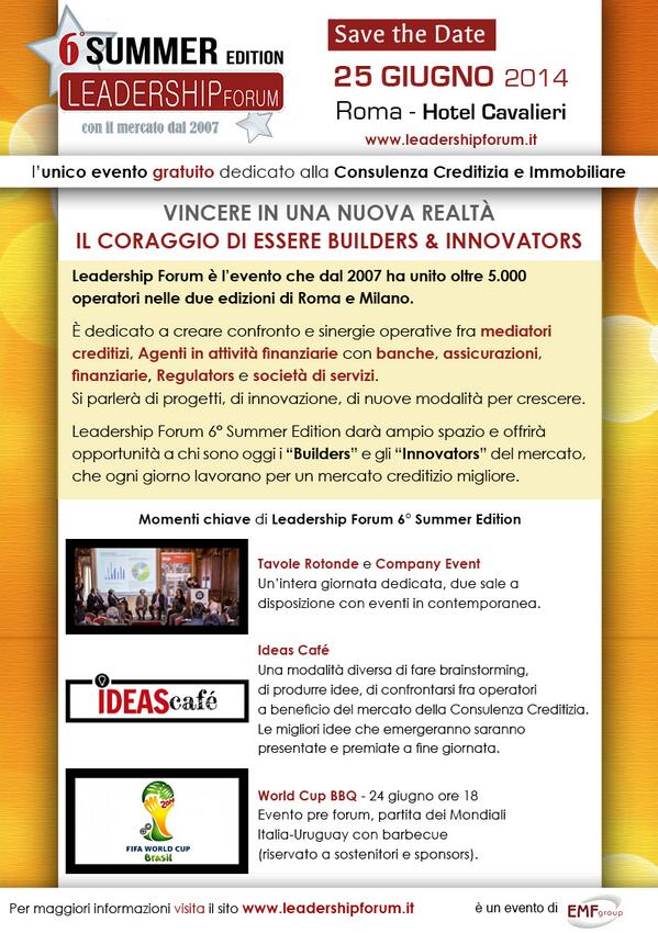 LF_EMFgroup's tweet photo. Save the date! 25 giugno."Il coraggio di essere Builders&amp;Innovators"
#Registrati http://t.co/p4C75ofnYv
#Roma #LF6 http://t.co/QSwH46EFQQ
