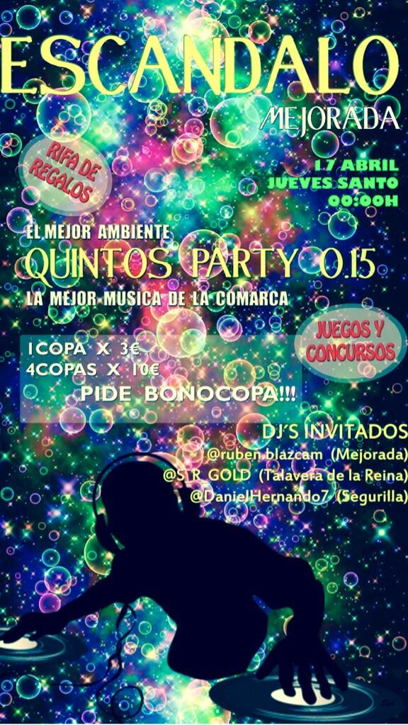 ESTA NOCHE SE LÍA EN ESCÁNDALO MEJORADA A PARTIR DE LAS 00:00H quintos PARTY 0.15 con 3 Dj invitados #FIESTOON