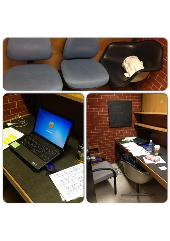 raecheladams's tweet image. Day 5 in Moody this week, 5 papers &amp;amp;1 project...Yes that&apos;s a cot made of chairs #css3311#SoManyPapers