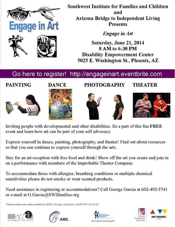PARENTSPARTNERS's tweet photo. If you are between the ages of 16-30 living in #AZ with a #disability Please check out this amazing #ArtConference! http://t.co/nCxqBoamNV
