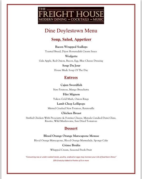 dinedoylestown's tweet image. Peek at @Freight_House #Doylestown Restaurant Week Specials! $45 - 3 course dinner =)