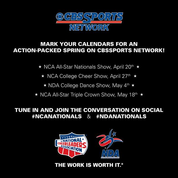 NDAupdates's tweet photo. Mark your calendar for the NCA &amp; NDA Nationals Shows on CBS Sports Network! #theworkisworthit http://t.co/vSHjdNDFcp