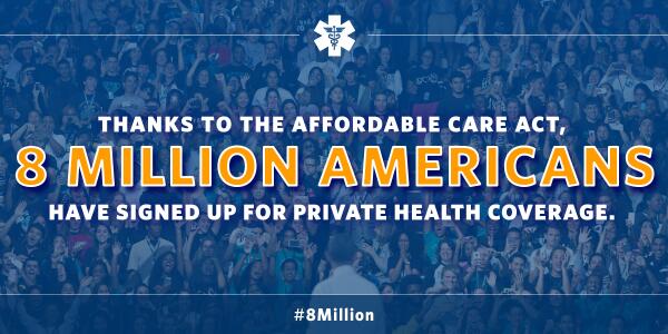 ObamaWhiteHouse's tweet image. President Obama: "The number of Americans who’ve signed up for private insurance...has grown to #8Million."