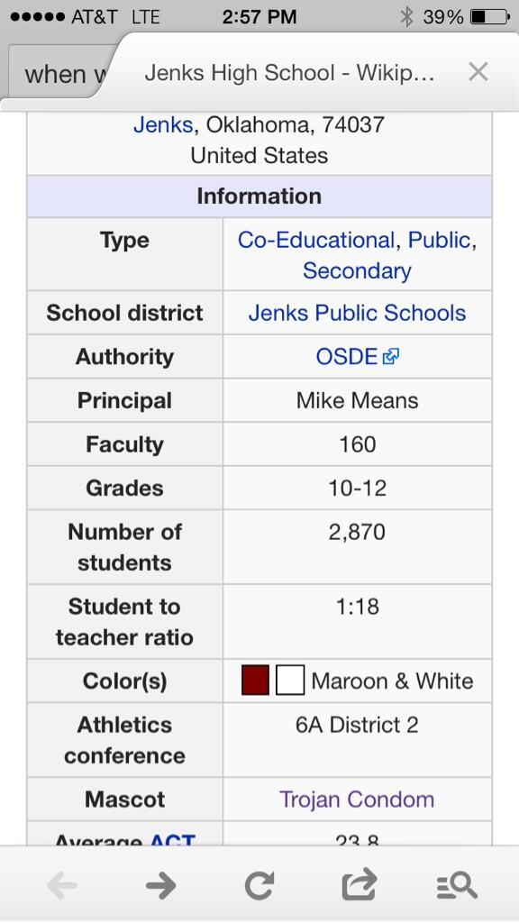 channingmcadams's tweet photo. All Jenks alum please look what is listed as our mascot on Wikipedia.... 😂😂😂 http://t.co/Dvq5mlAXsO