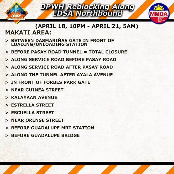 gma_weather's tweet photo. ADVISORY: @dpwhco reblocking along EDSA Northbound starts tonight, 10pm until Monday 5am. | via @MMDA #IMreadyPH http://t.co/NfKM29IdaQ