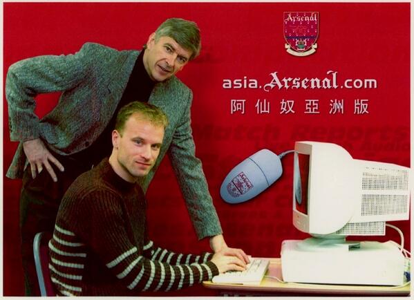 OldFootyPics's tweet photo. Wenger and Bergkamp promoting http://t.co/8mEYiUsdfu, 1998. http://t.co/3kzkygjlfl