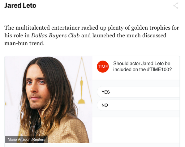 30SECONDSTOMARS's tweet photo. .@TIME asks, "Which Entertainers Should Be on the 2014 #TIME100?" - Vote for @JaredLeto + RT! http://t.co/hfyQUWPNzO http://t.co/iuEO7Ur55M