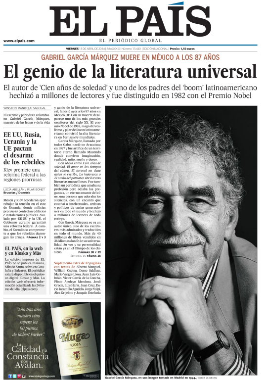 el_pais's tweet photo. Muere el genio de la literatura universal, Gabriel García Márquez, en México a los 87 años, consulte nuestra #Portada http://t.co/1imG9nF24x