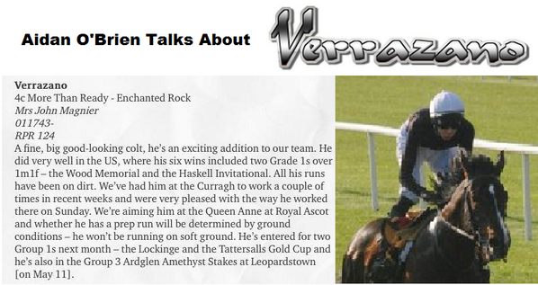 Aidan O'Brien Gives us his thoughts on Verrazano <a href="/VerrazanoColt/">Verrazano</a>