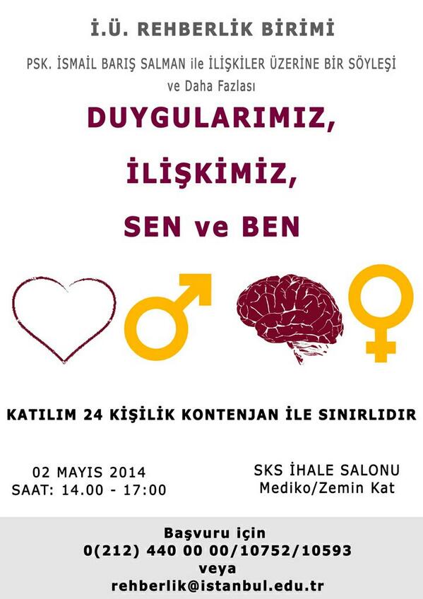 Duygularimiz, iliskimiz, sen ve ben adlı söyleşimize hepinizi bekliyoruz. İÜREB
 sks.istanbul.edu.tr/?p=10215