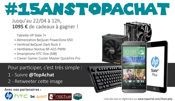 TopAchat's tweet image. #15AnsTopAchat
Feu pour le #lot12 !

Pour jouer, il suffit de suivre @TopAchat et de RT ce tweet avant Mardi 12h