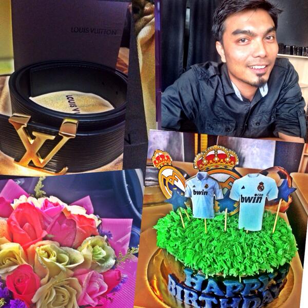 Bday boy happy ;) yeayers!! #LVBelt #RealMadridCake #Roses