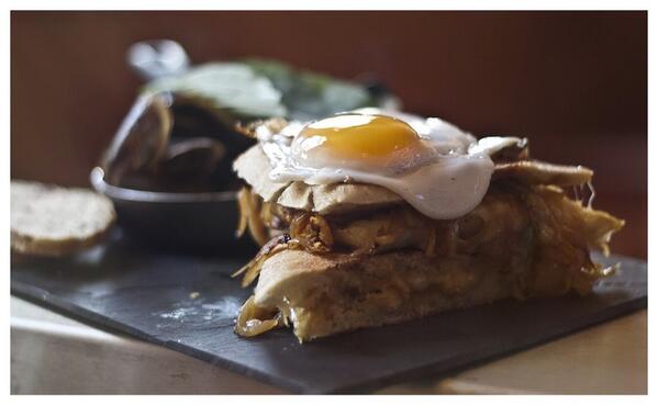 studio2bar's tweet image. French Onion Soup style Grilled Cheese Sandwich topped with a fried Duck Egg! - £4  #grilledchese