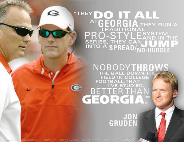 GeorgiaFootball's tweet photo. "Nobody throws the ball down the field in college football, that I've studied, better than Georgia." - Jon Gruden http://t.co/DvigUVLDlz