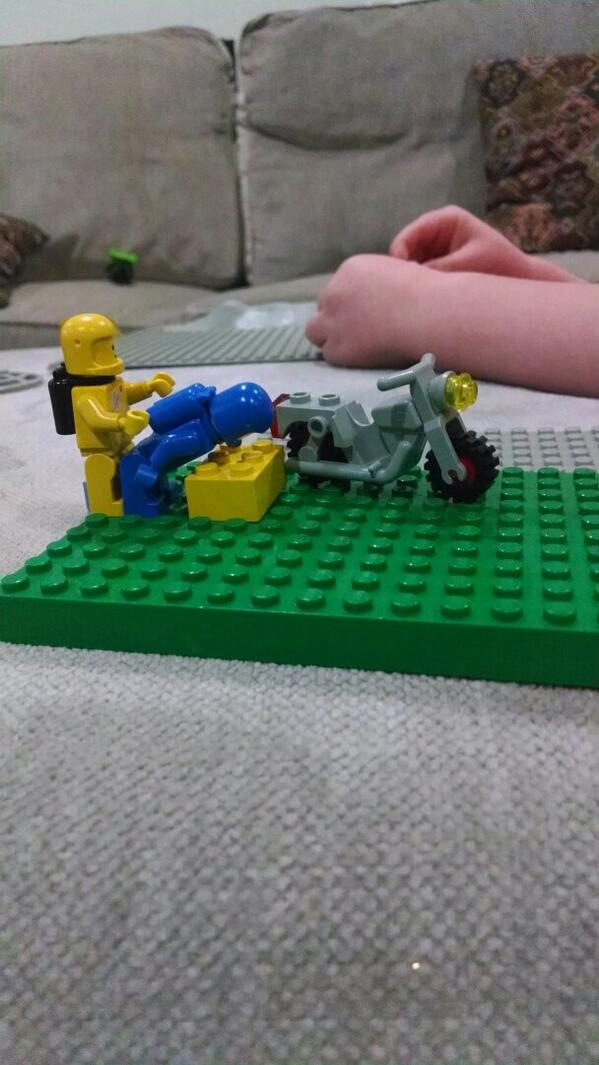 doggerti's tweet image. Brian is getting wrestled to the ground #funwithlegos