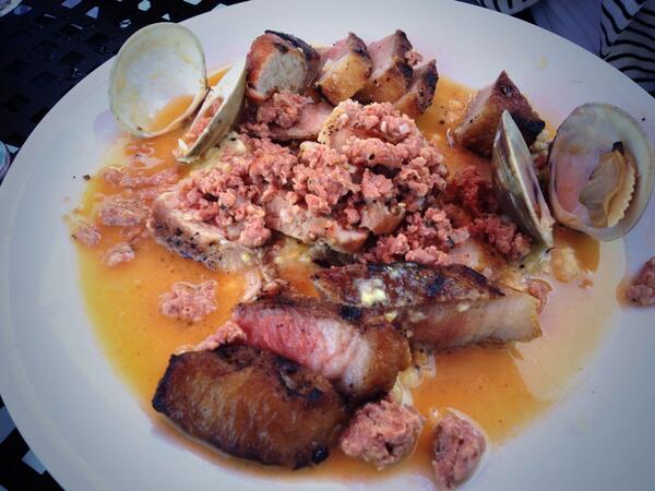 leadereater's tweet image. Roasted pork, sausage, clams and polenta all on one plate? It actually works ... on the patio @ColtivareHTX